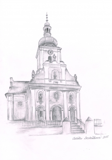 Kostel sv. Petra a Pavla v Tištíně; nakreslila Adéla Dostálková