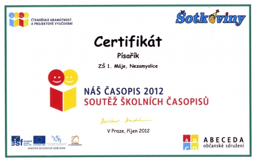 Certifikát "Kvalitní školní časopis 2012"